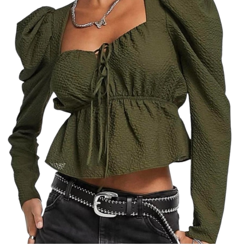 Topshop Olive Green Puff-Sleeve Tie-Front Crop Top